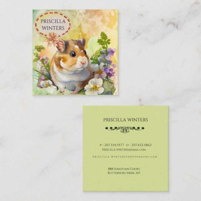  Cute Watercolor Hamster Flowers Green Square Business Card (Front/Back)