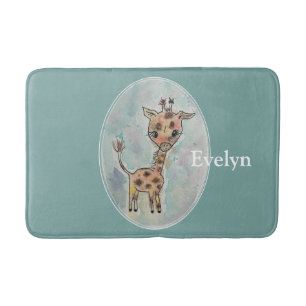 Cute Watercolor Hand Painted Giraffe Name Bath Mat