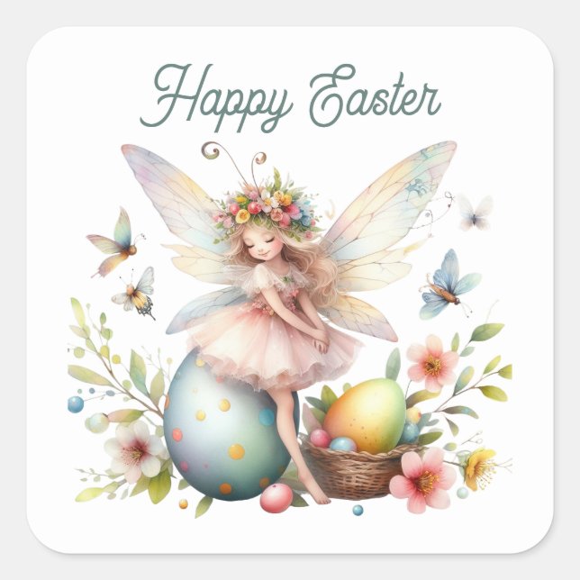 Cute watercolor Happy Easter fairy  Square Sticker (Front)