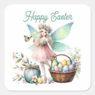 Cute watercolor Happy Easter fairy Square Sticker