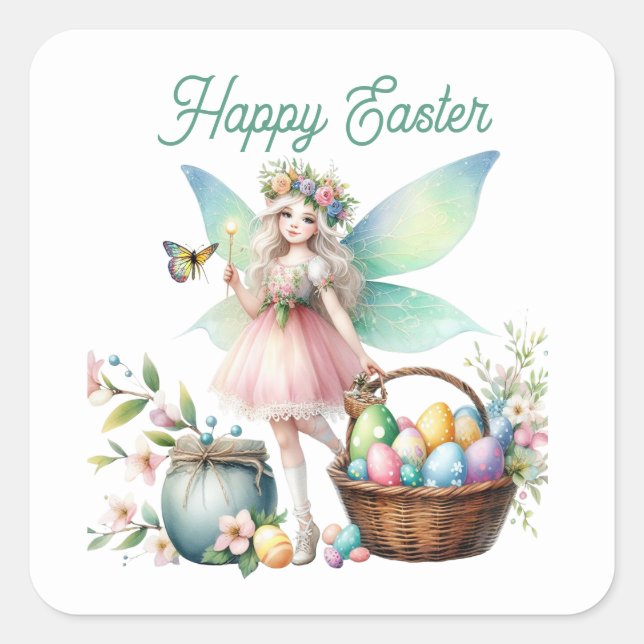 Cute watercolor Happy Easter fairy  Square Sticker (Front)