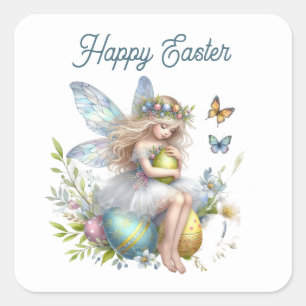 Cute watercolor Happy Easter fairy  Square Sticker