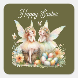 Cute watercolor Happy Easter fairy Square Sticker