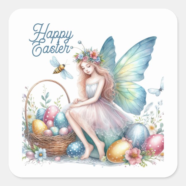 Cute watercolor Happy Easter fairy  Square Sticker (Front)