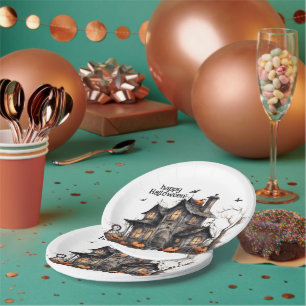 Cute Watercolor Haunted House Halloween Paper Plate