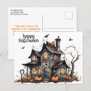 Cute Watercolor Haunted House Halloween Postcard