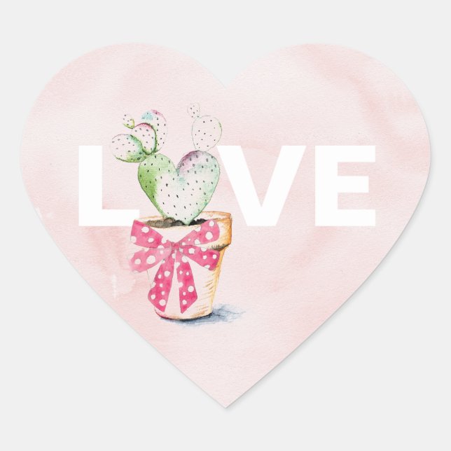Cute Watercolor Heart Cactus Valentines Day Sticker (Front)