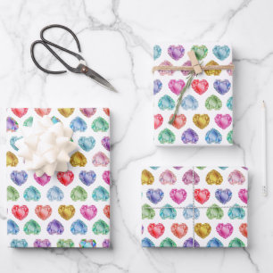 Cute Watercolor Heart Gemstone Colourful Fun Girl Wrapping Paper Sheet