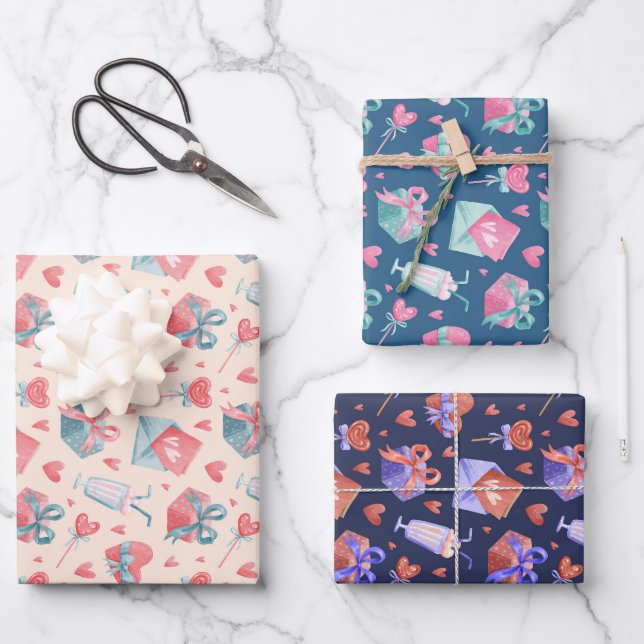Cute Watercolor Heart Love Pattern Valentine's Day Wrapping Paper Sheet (Front)