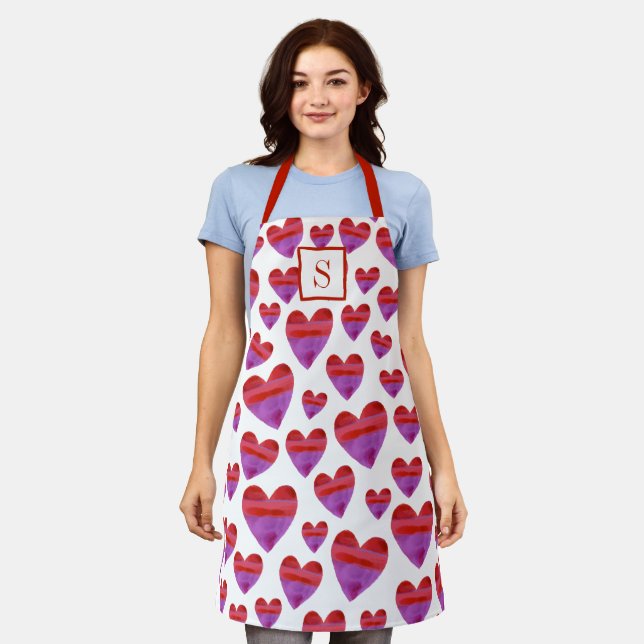 Cute Watercolor Heart Pattern Monogram Kitchen Apron (Worn)
