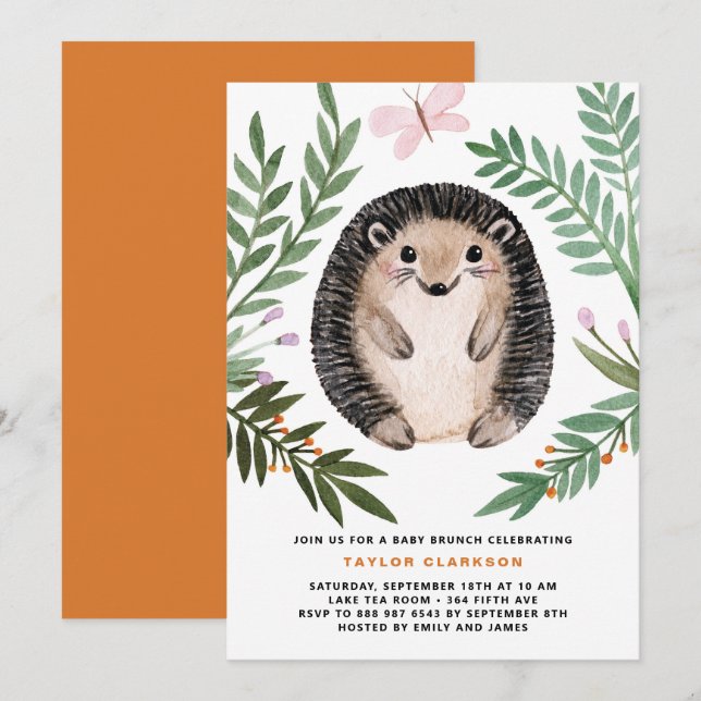 Cute Watercolor Hedgehog Baby Shower Brunch Invitation (Front/Back)