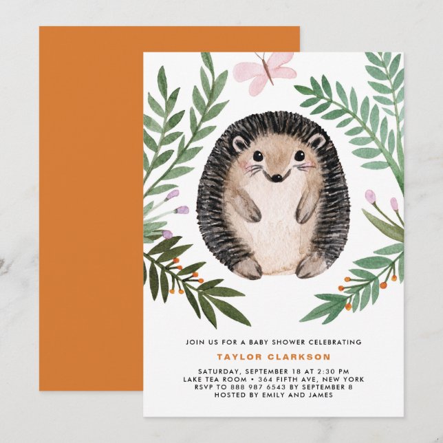 Cute Watercolor Hedgehog Greenery Baby Shower Invitation (Front/Back)