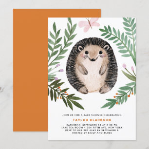 Cute Watercolor Hedgehog Greenery Baby Shower Invitation