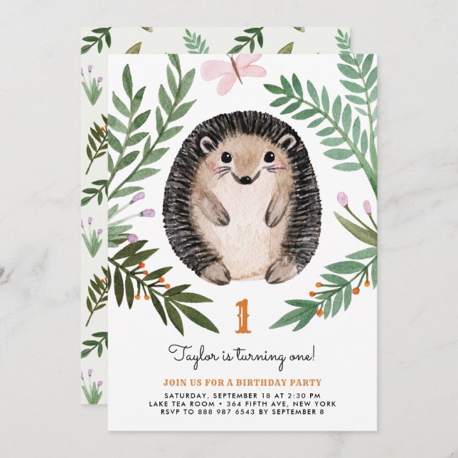 Cute Watercolor Hedgehog Greenery First Birthday Invitation (Front/Back)