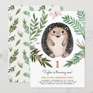 Cute Watercolor Hedgehog Greenery First Birthday Invitation