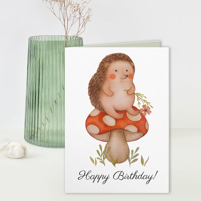 Cute Watercolor Hedgehog On A Mushroom Birthday Card (Creator Uploaded)