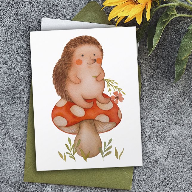 Cute Watercolor Hedgehog On A Mushroom Birthday Postcard (Creator Uploaded)