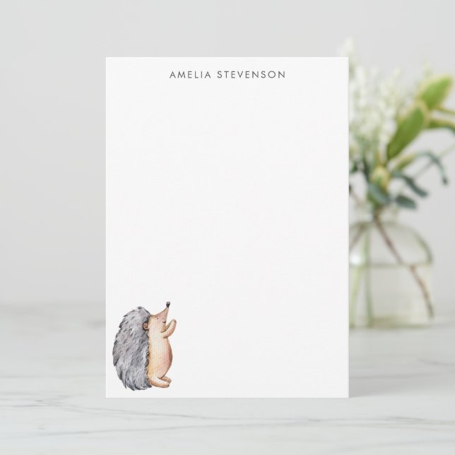 Cute Watercolor Hedgehog Personalised Stationery Card (Standing Front)