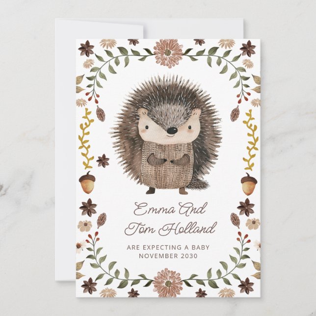 Cute Watercolor Hedgehog Pregnancy Announcement (Front)