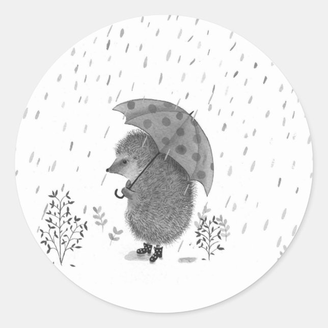 Cute Watercolor Hedgehog Rainy Day Whimsical   Classic Round Sticker (Front)