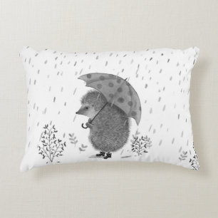 Cute Watercolor Hedgehog Rainy Day Whimsical  Decorative Cushion
