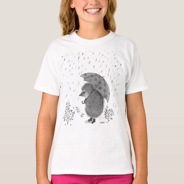 Cute Watercolor Hedgehog Rainy Day Whimsical Girl T-Shirt (Front)