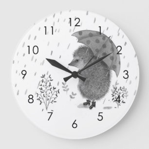 Cute Watercolor Hedgehog Rainy Day Whimsical Large Clock