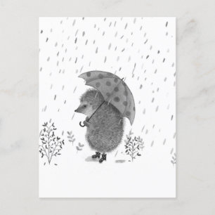 Cute Watercolor Hedgehog Rainy Day Whimsical Postcard