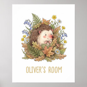 Cute Watercolor Hedgehog & Wildflowers Nursery Poster