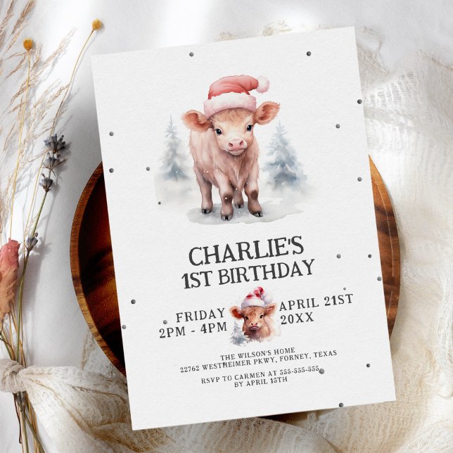 Cute Watercolor Highland Cow Kids Winter Birthday Invitation (Creator Uploaded)