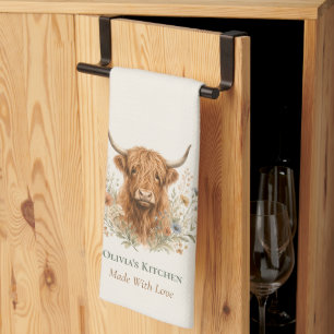 Cute Watercolor Highland Cow Monogrammed Name Tea Towel