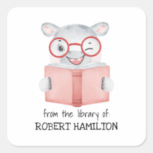 CUTE WATERCOLOR HIPPO READING BOOK BOOKPLATE SQUARE STICKER