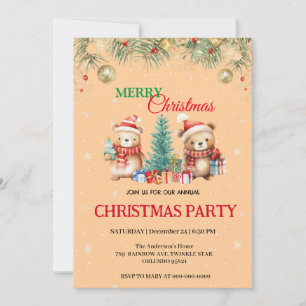 Cute Watercolor Holiday Bear Santa Xmas Party Invitation