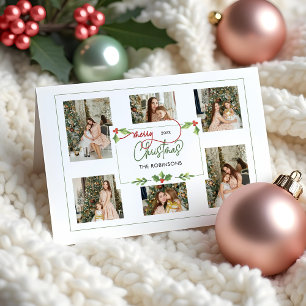 Cute Watercolor Holly Merry Christmas Multi Photo Holiday Card