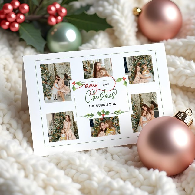 Cute Watercolor Holly Merry Christmas Multi Photo Holiday Card (Creator Uploaded)