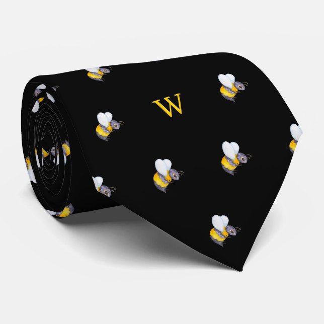 Cute Watercolor Honey Bee Monogram Initial Black Tie (Rolled)