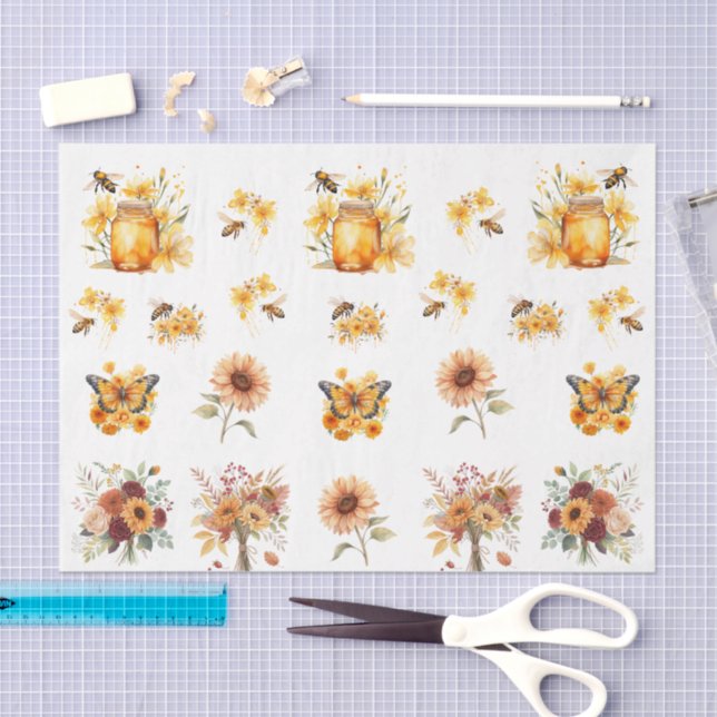 Cute Watercolor Honey Bees & Flowers Tissue Paper (Craft)