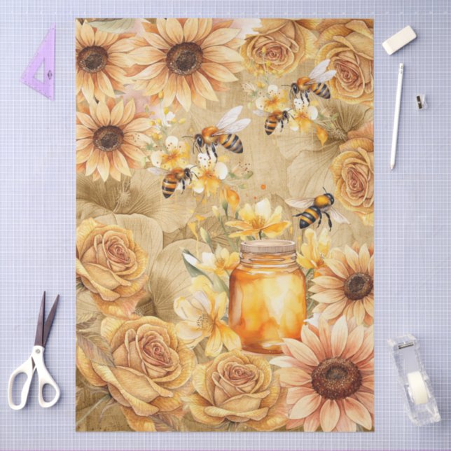 Cute Watercolor Honey Bees & Sunflowers Parchment  Tissue Paper (Craft)