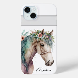 Cute Watercolor Horse Customisable Name iPhone 15 Mini Case