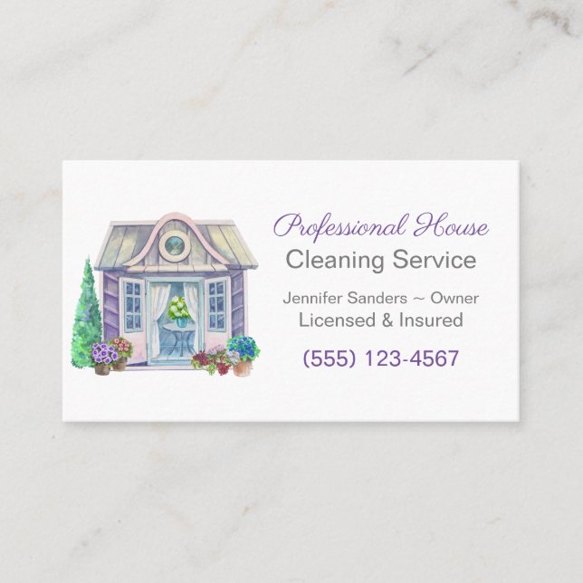 Cute Watercolor House Cleaning Service Business Card (Front)