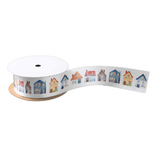 Cute Watercolor Houses  Satin Ribbon