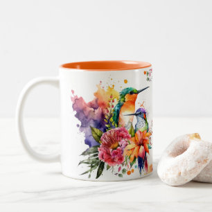 Cute Watercolor Hummingbird and Exotic Flowers Two-Tone Coffee Mug