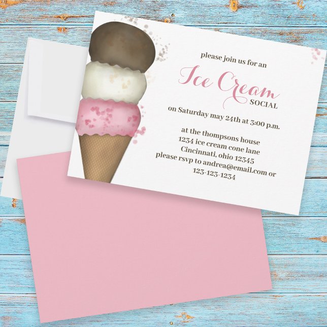 Cute Watercolor Ice Cream Cone Birthday Party Invitation (Creator Uploaded)
