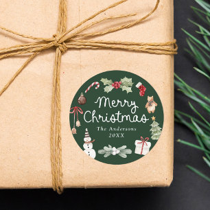 Cute Watercolor Illustrations Green Christmas Classic Round Sticker