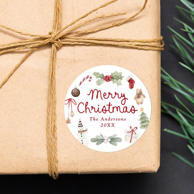 Cute Watercolor Illustrations Merry Christmas Classic Round Sticker (Creator Uploaded)