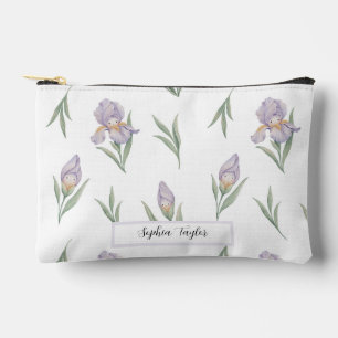 Cute Watercolor Iris Floral Custom Name Accessory Pouch