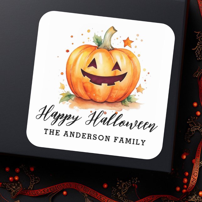 Cute watercolor Jack-o-lantern Happy Halloween Square Sticker (Cute watercolor Jack-o-lantern Happy Halloween Square Sticker)