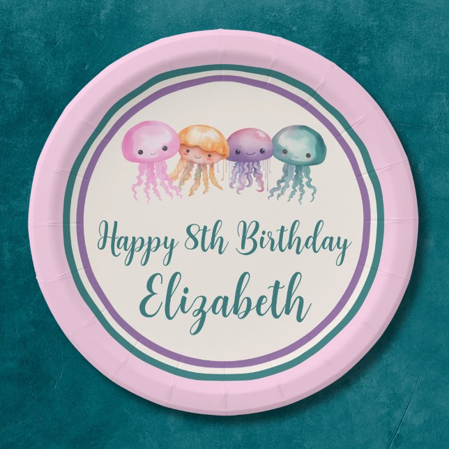 Cute Watercolor Jellyfish Under the Sea Birthday Paper Plate (Creator Uploaded)
