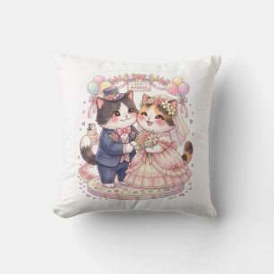 Cute Watercolor Just Married Cats Wedding Throw Cushion