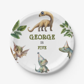 Cute Watercolor Kids Dinosaur Theme Birthday Paper Plate